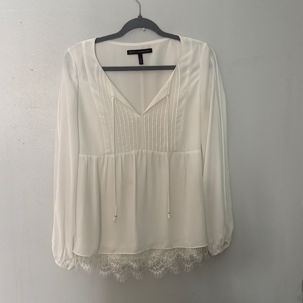 White House Black Market Ivory Blouse with Lace Hem
